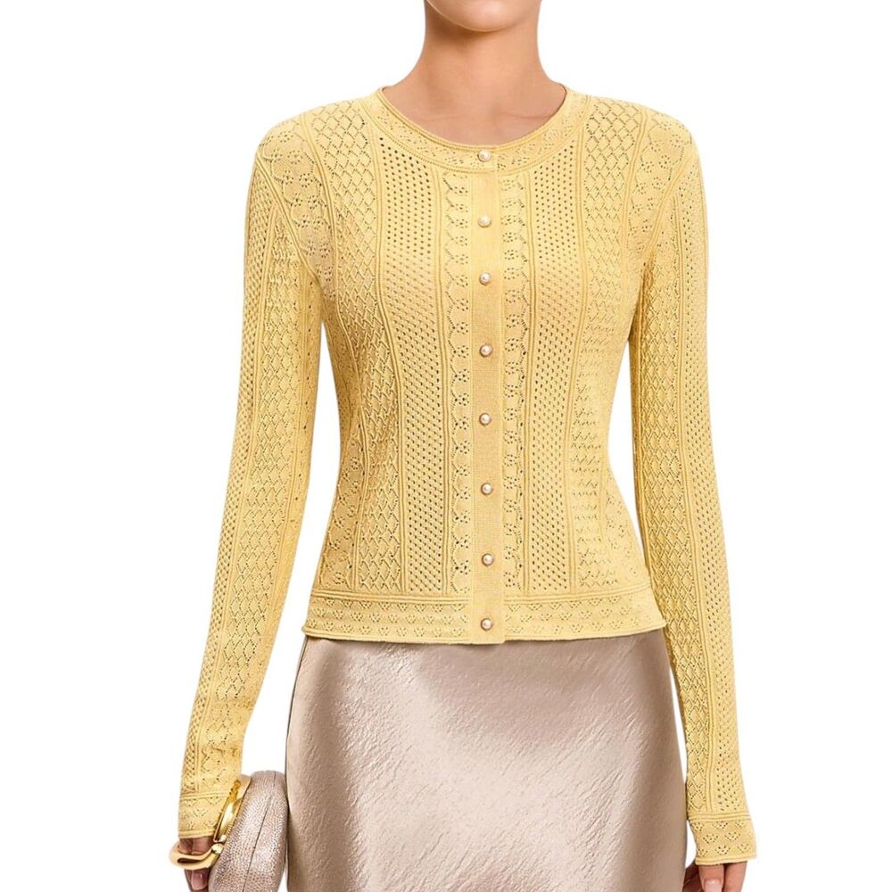 Fairy Season Cardigan Sweater Pearl Button Slinky Knit Yellow Gold S NWT